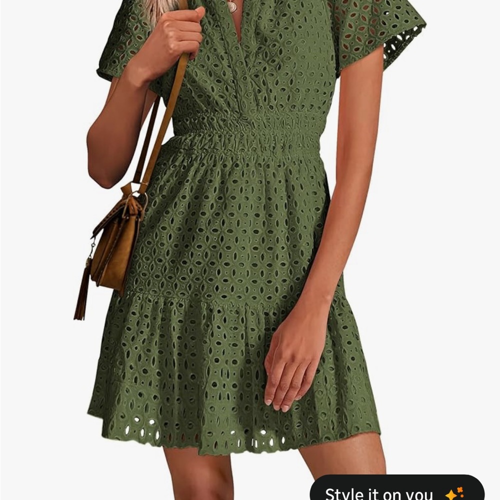 Olive Eyelet V-Neck Mini Dress with Smocked Waist